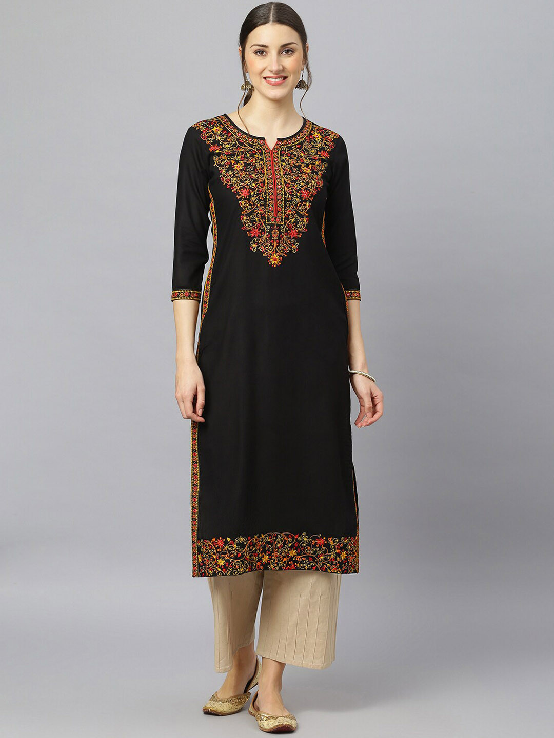 FASHION DEPTH Women Black Ethnic Motifs Embroidered Straight Kurta