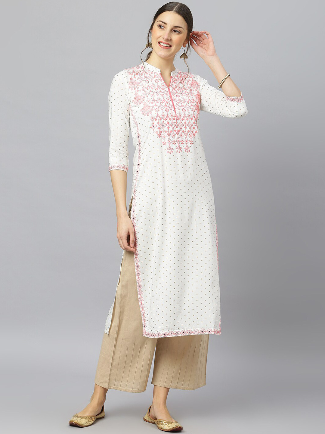 FASHION DEPTH Women White Ethnic Motifs Embroidered Thread Work Kurta