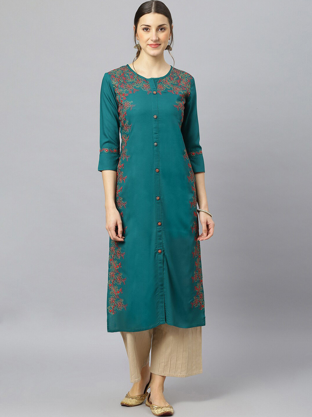 FASHION DEPTH Women Sea Green Floral Embroidered Straight Kurta