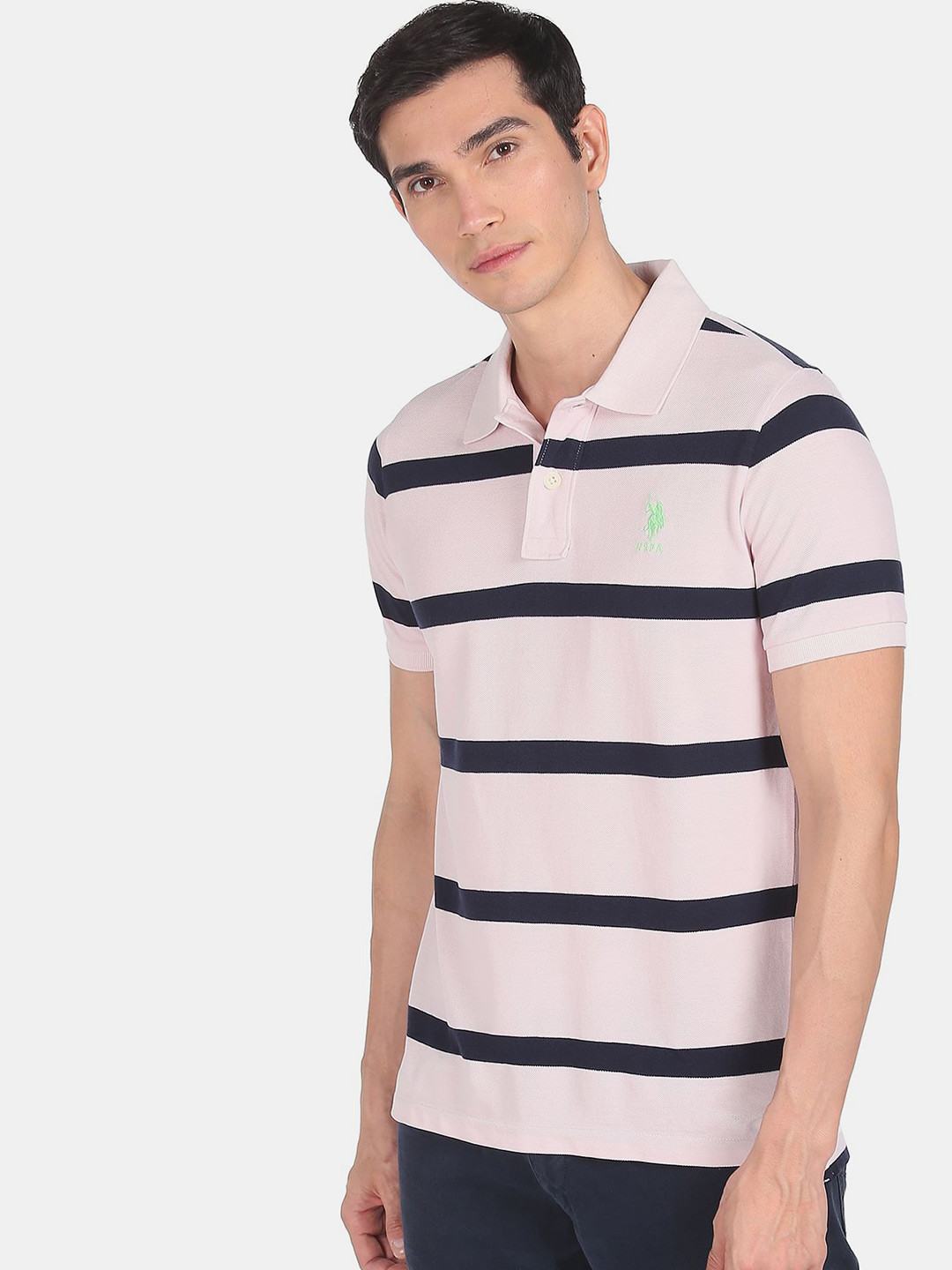 U S Polo Assn Men Pink Striped Polo Collar T-shirt