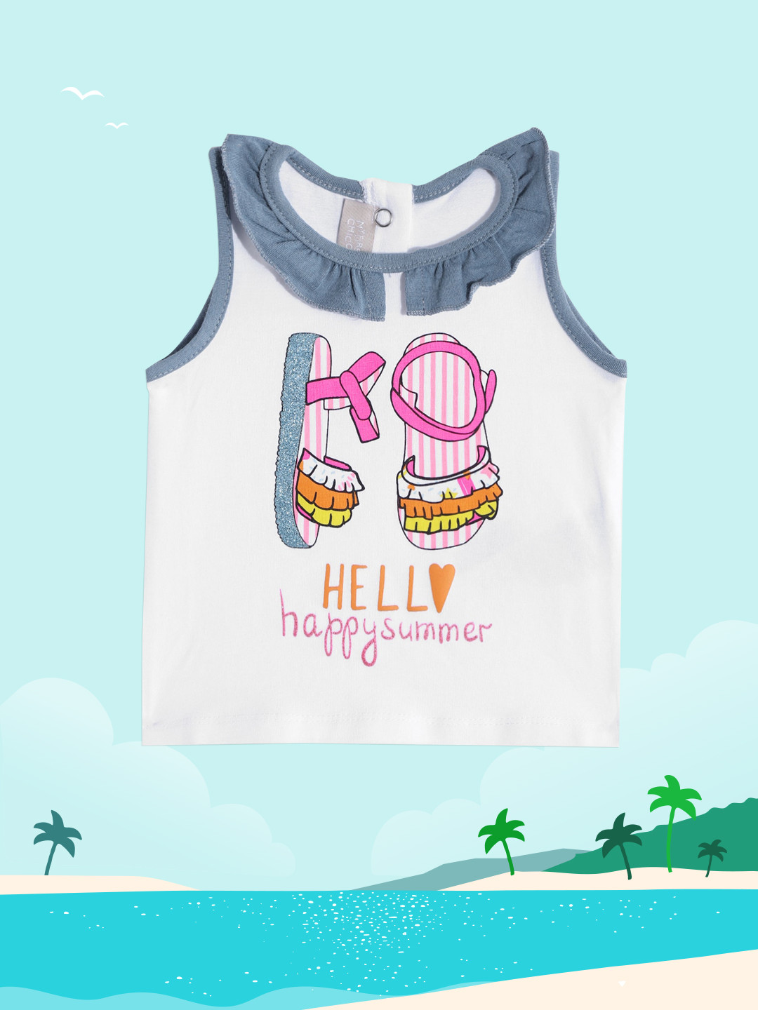 Chicco Girls White & Grey Typography Print Peter Pan Collar Sleeveless Top