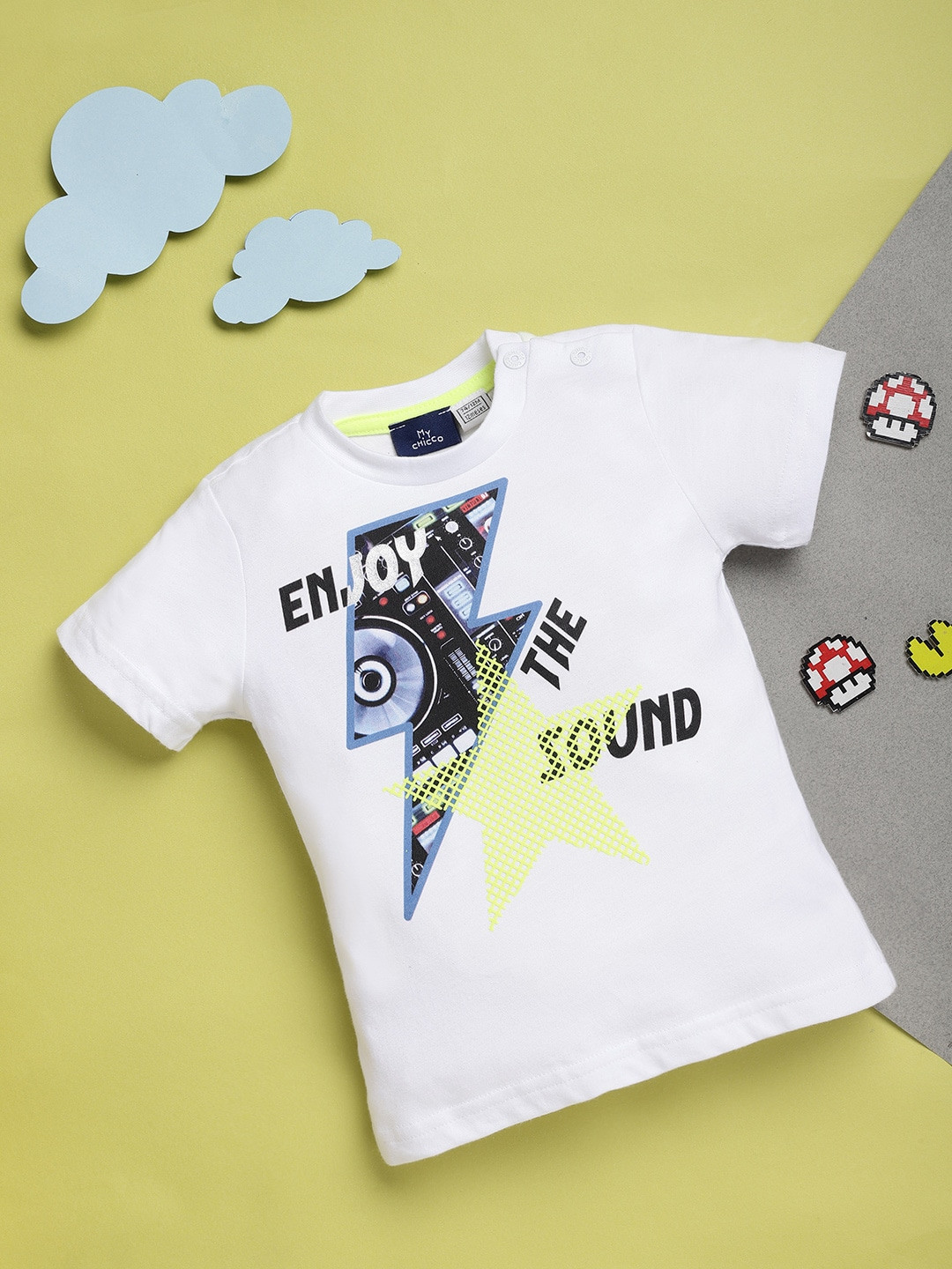Chicco Boys White & Blue Printed Pure Cotton T-shirt