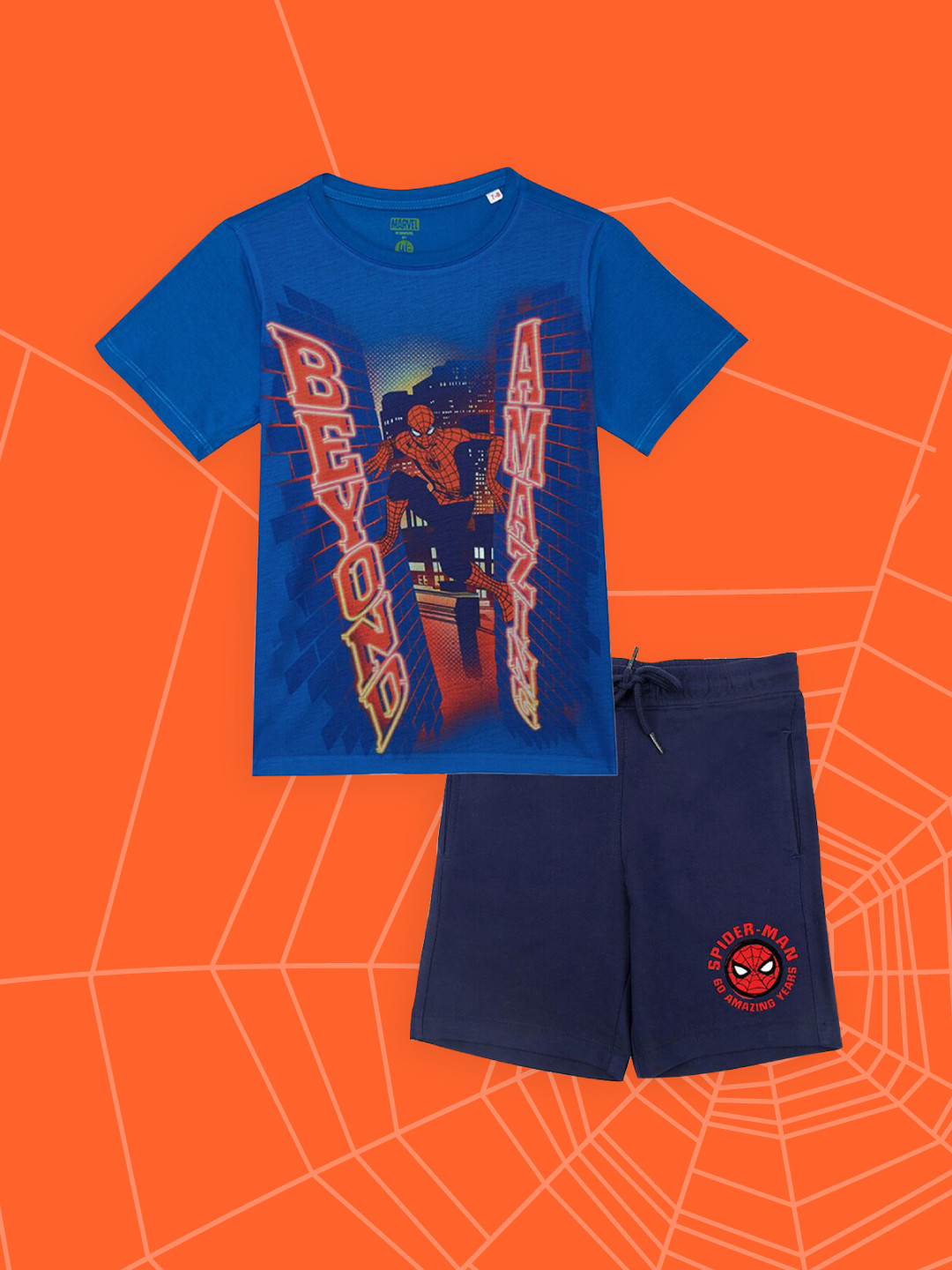 YK Marvel Boys Royal Blue and Navy Blue Printed T-shirt with Shorts
