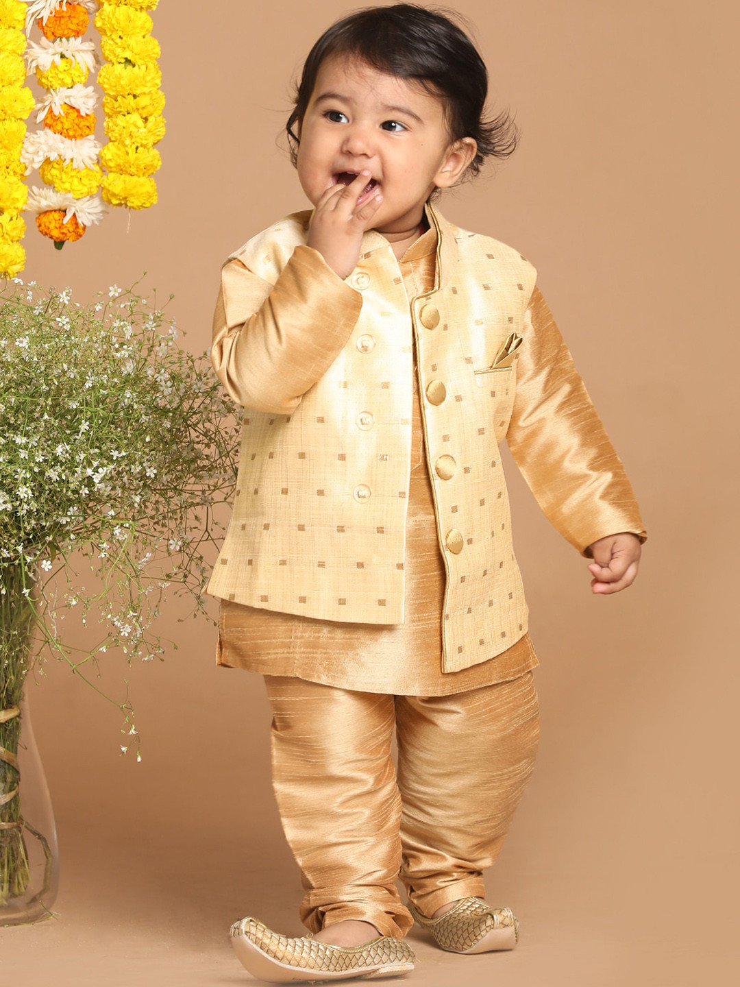 VASTRAMAY Infant Boys Rose Gold Silk Blend Kurta & Pyjamas With Gold Woven Nehru Jacket