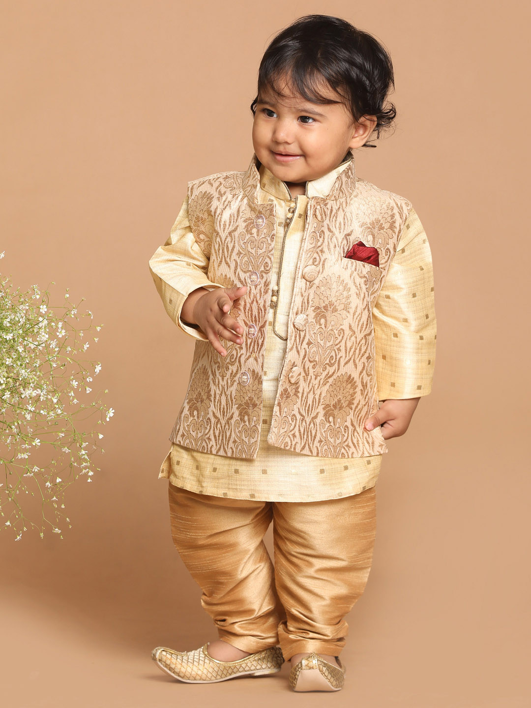 VASTRAMAY Infant Boys Beige Silk Blend Kurta & Pyjama With Rose Gold Woven Nehru Jacket