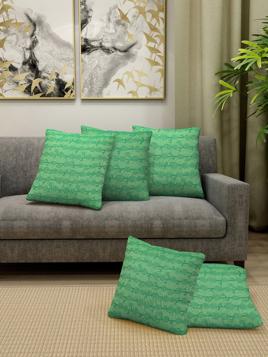 KLOTTHE Green Self Design Set of 5 Square Cushion Covers