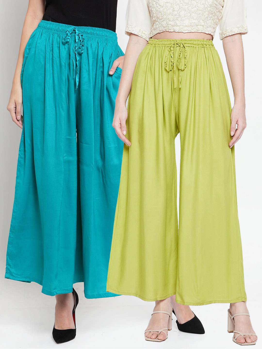 Clora Creation Women Pack Of 2 Turquoise Blue & Green Flared Palazzos