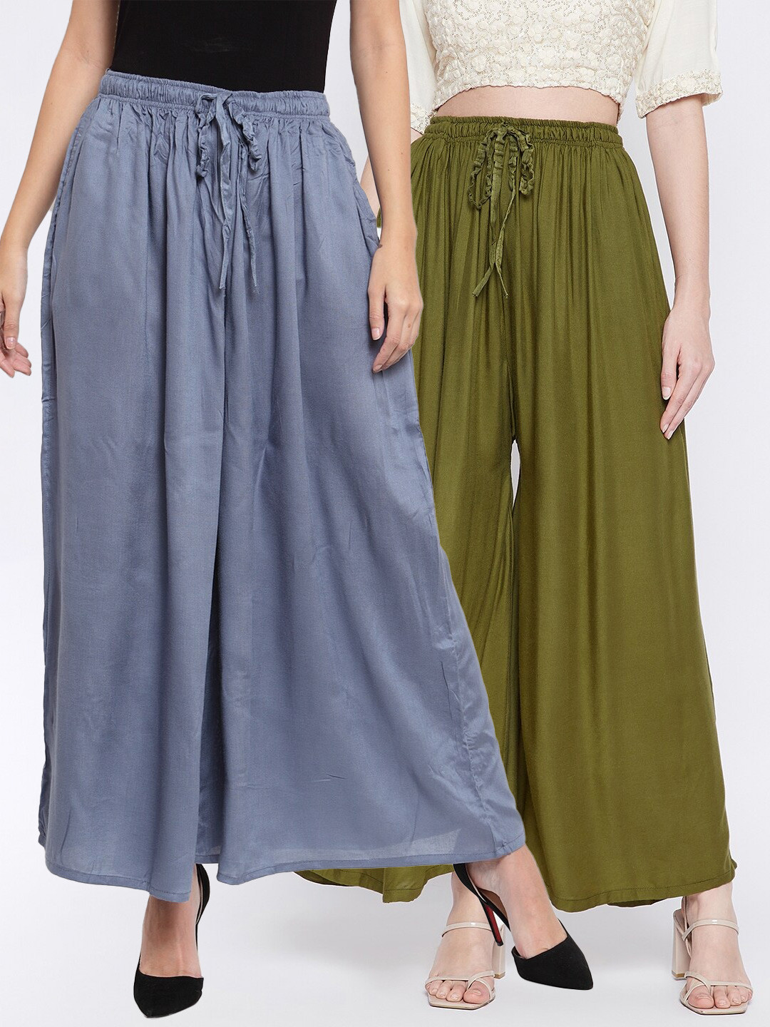 Clora Creation Women Grey & Olive Green Solid Pack Of 2 Flared Knitted Palazzos