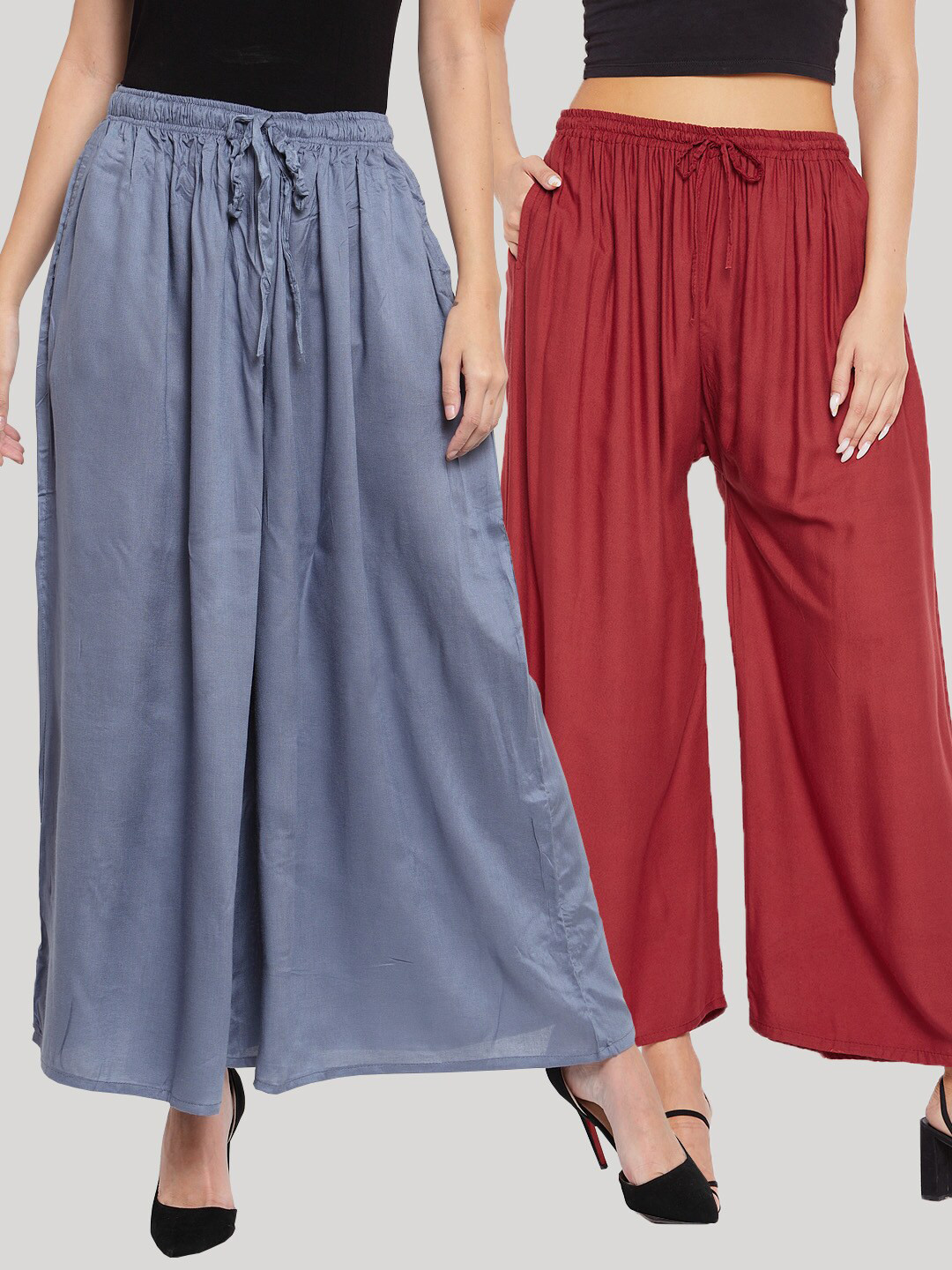 Clora Creation Women Pack Of 2 Grey & Rust Solid Flared Palazzo