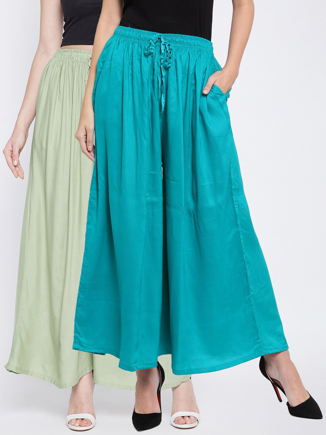 Clora Creation Women Pack Of 2 Turquoise Blue & Green Flared Knitted Ethnic Palazzos