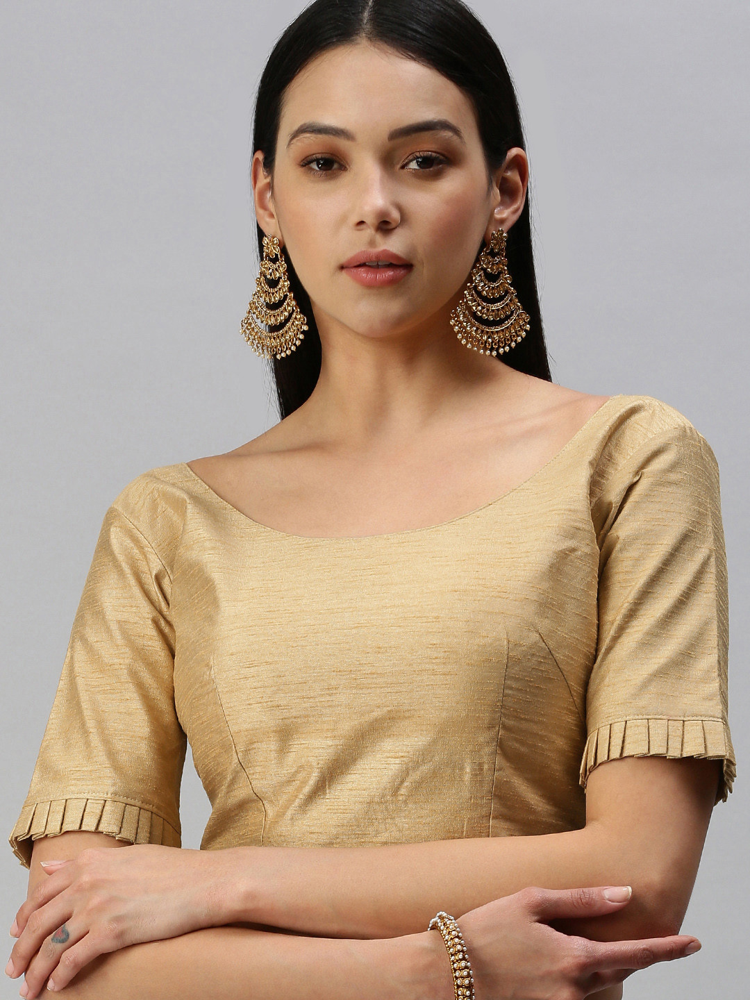 flaher Women Beige Solid Art Silk Padded Blouse