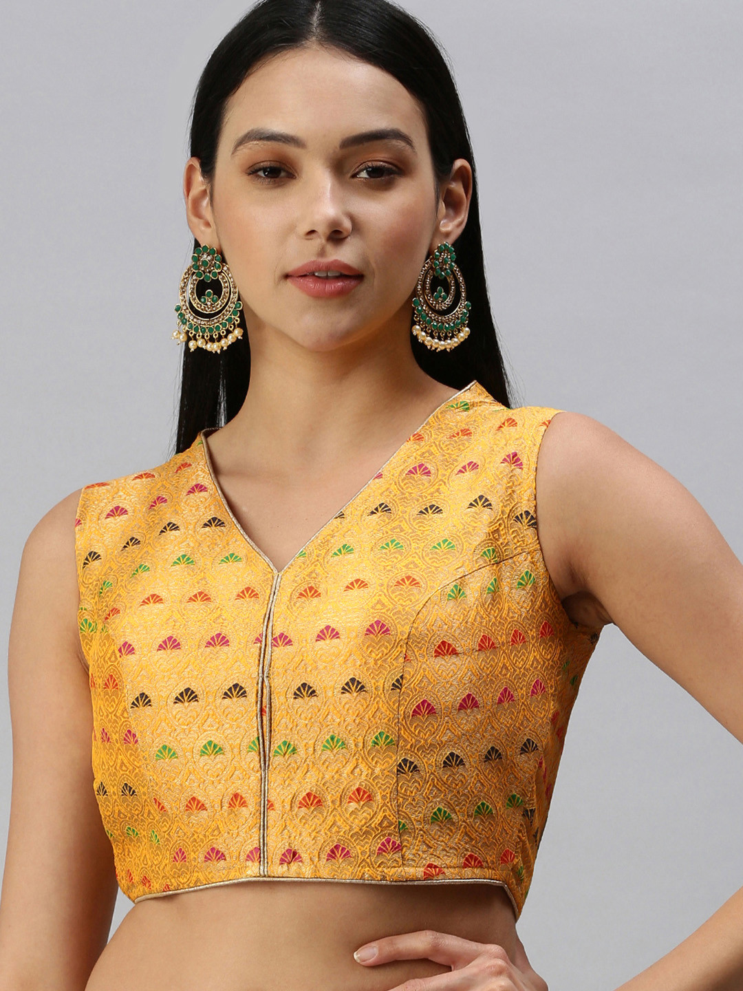 flaher Women Mustard Yellow & Golden Woven Design Jacquard Padded Blouse