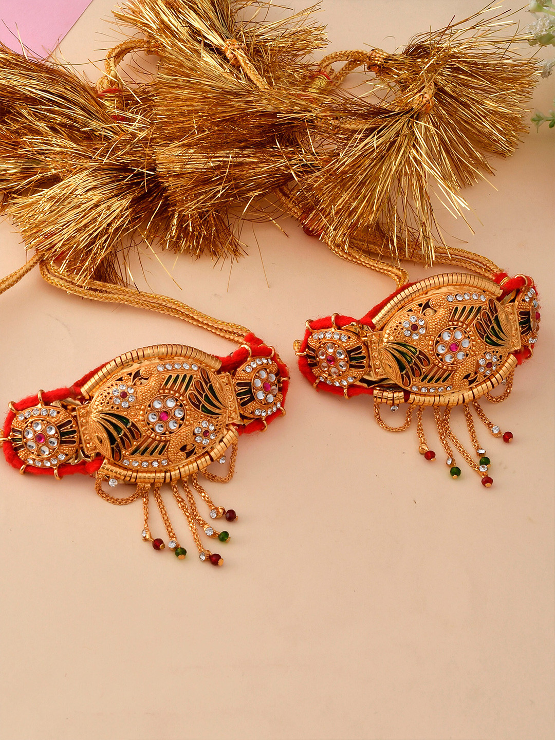 Silvermerc Designs Women Set Of 2 Gold-Toned & Red Brass Kundan Armlet Bracelet