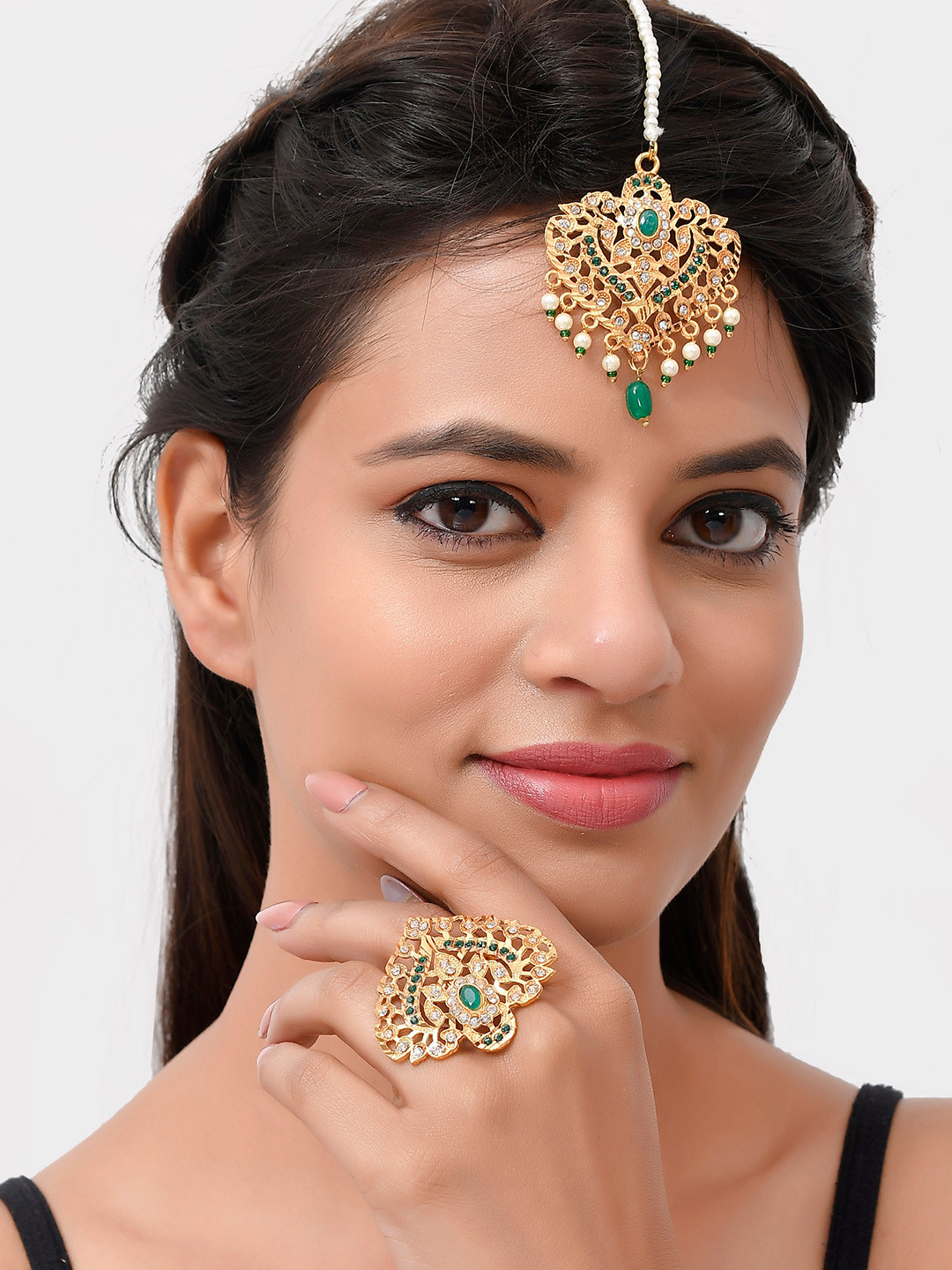 Silvermerc Designs Gold-Plated Green & White Stone-Studded Meenakari Head Jewellery With Finger Ring