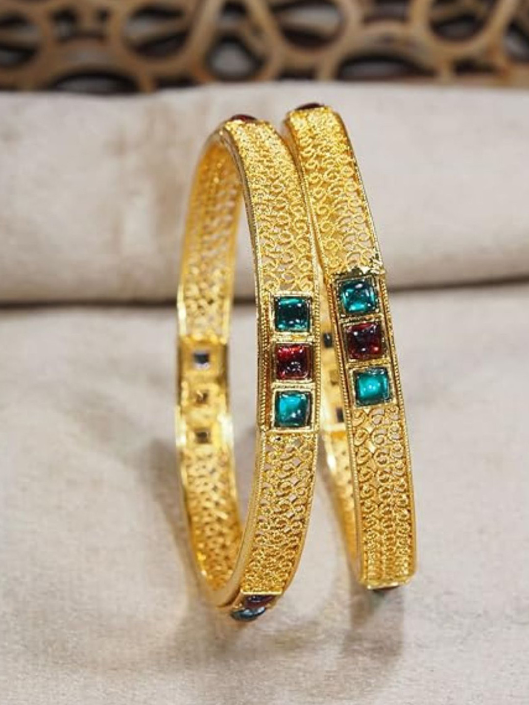 I Jewels Set of 2 Red & Green Gold-Plated Stone Studded Bangles