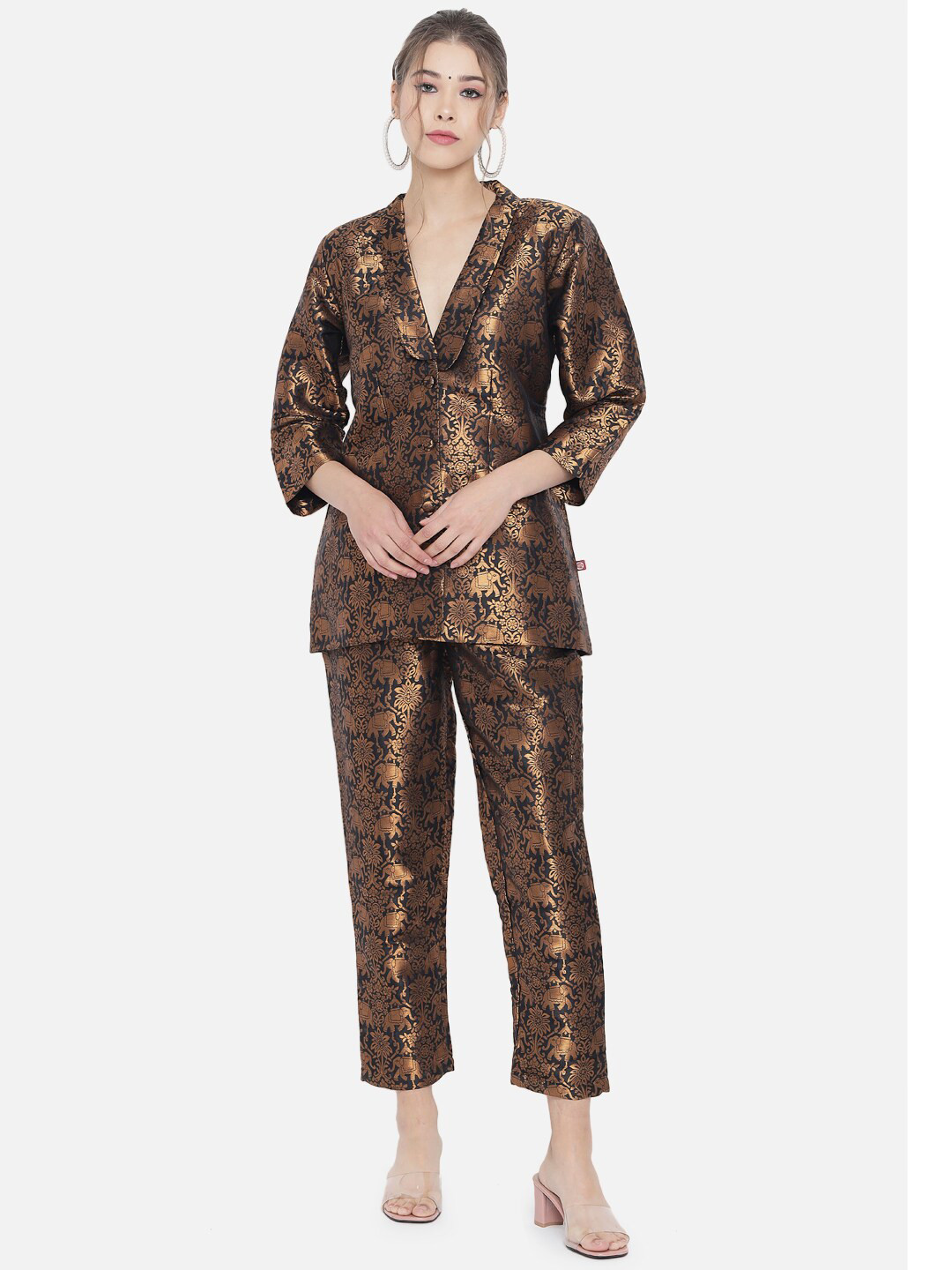 RAISIN Women Copper-Toned Printed Jacquard Banarasi Brocade Coat with Trousers