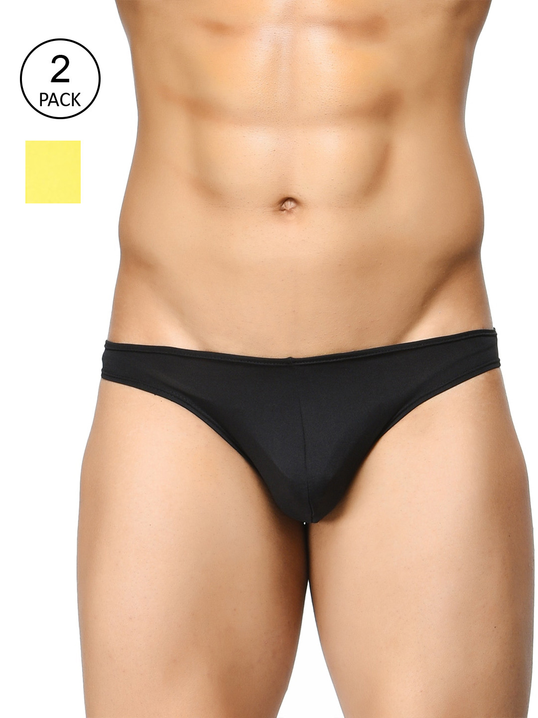 BASIICS by La Intimo Men Pack Of 2 Yellow & Black Solid Featherlight Bikini Briefs