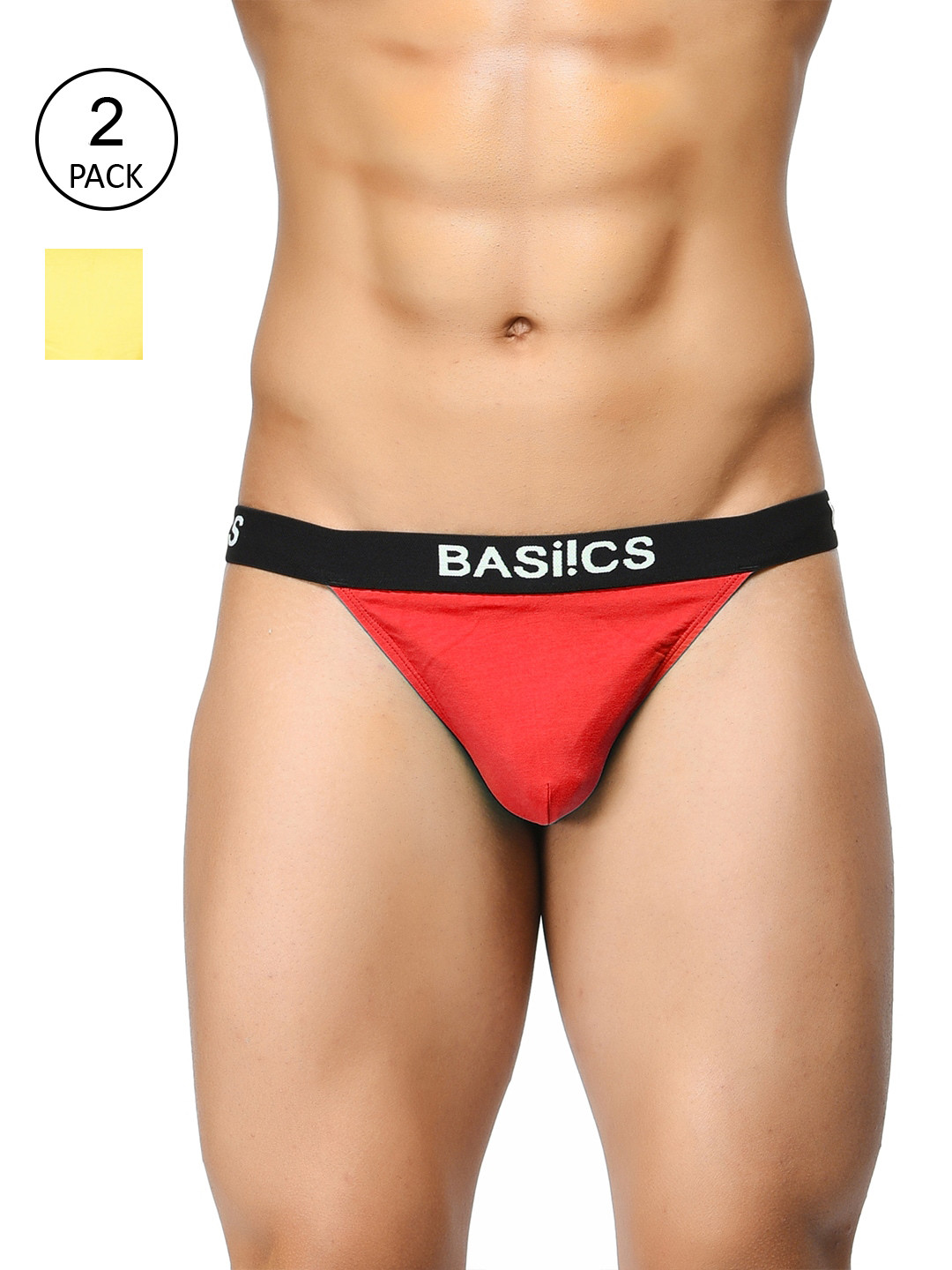 BASIICS by La Intimo Men Pack of 2 Red & Yellow Solid Low Rise Thongs Briefs