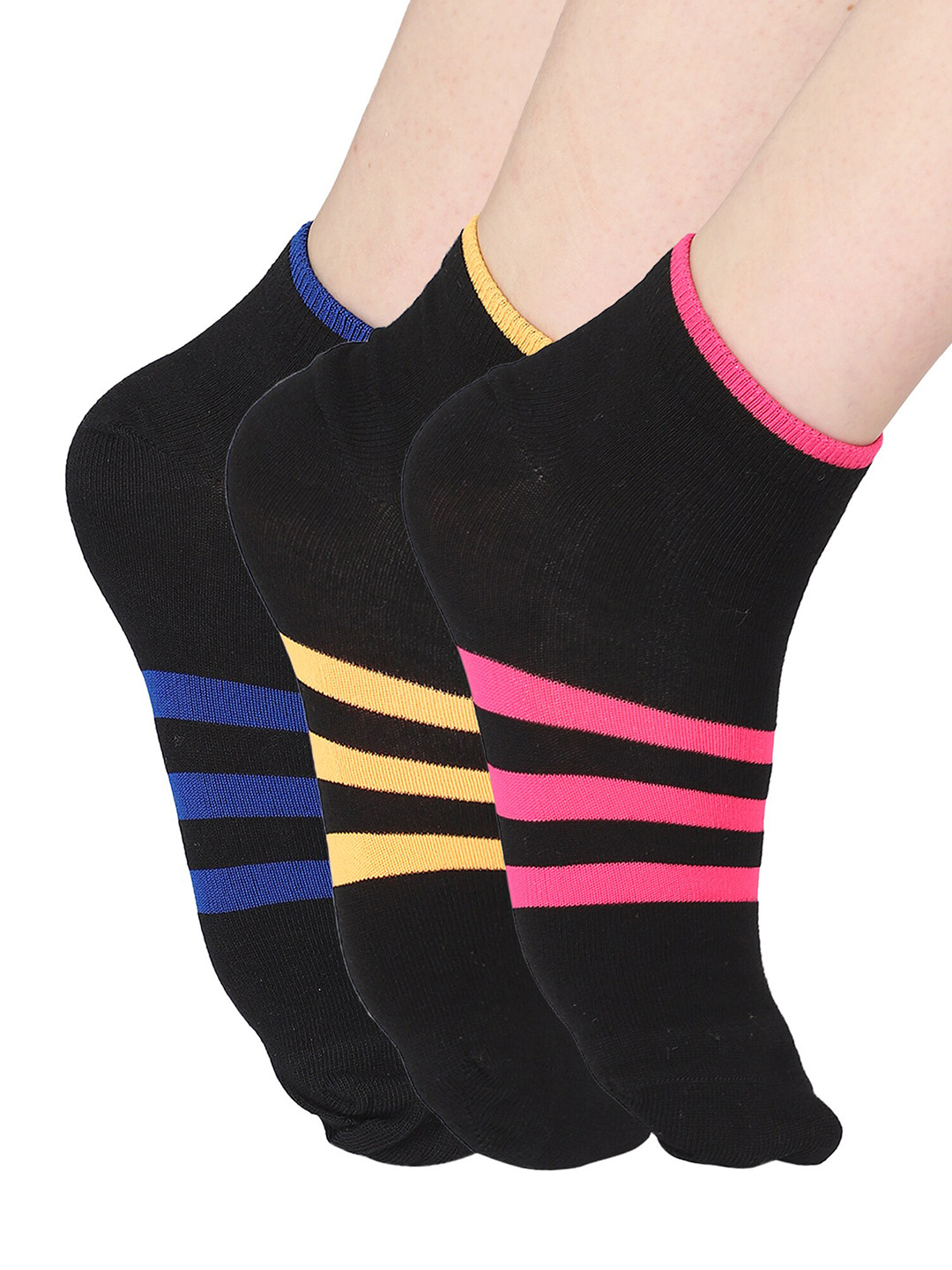 Bodycare Women Assorted Set of 3 Striped Ankle Length Socks
