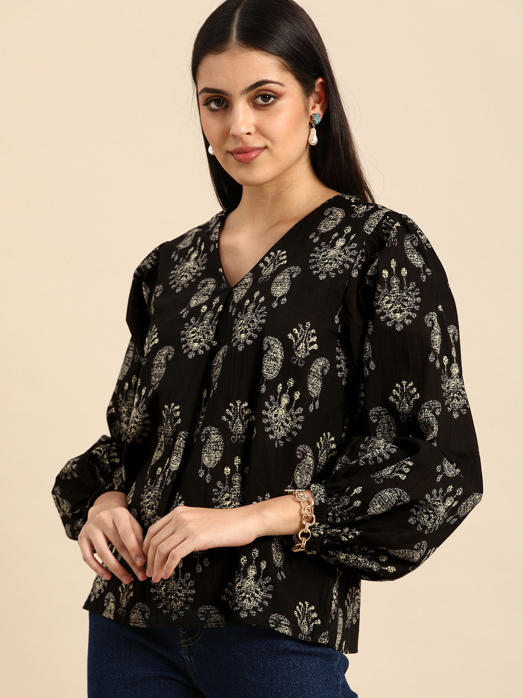 all about you Black Ethnic Motif Print Pure Cotton Casual A-line Top