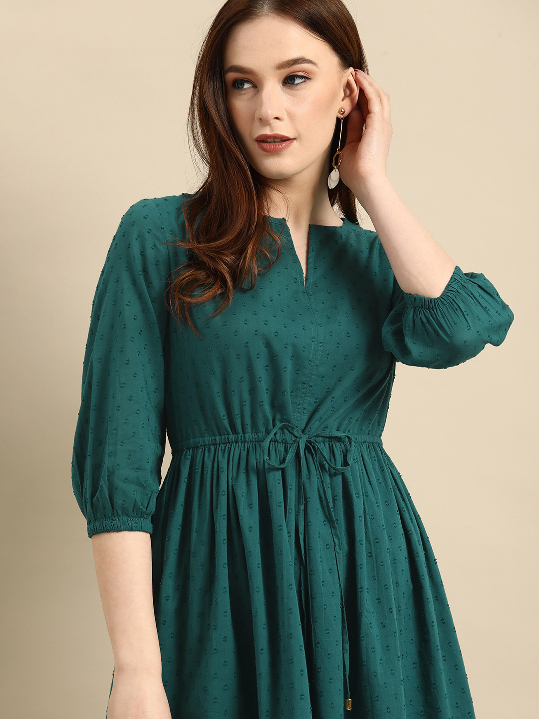 all about you Teal Blue Schifli V Neck Gathered Pure Cotton Midi Dress