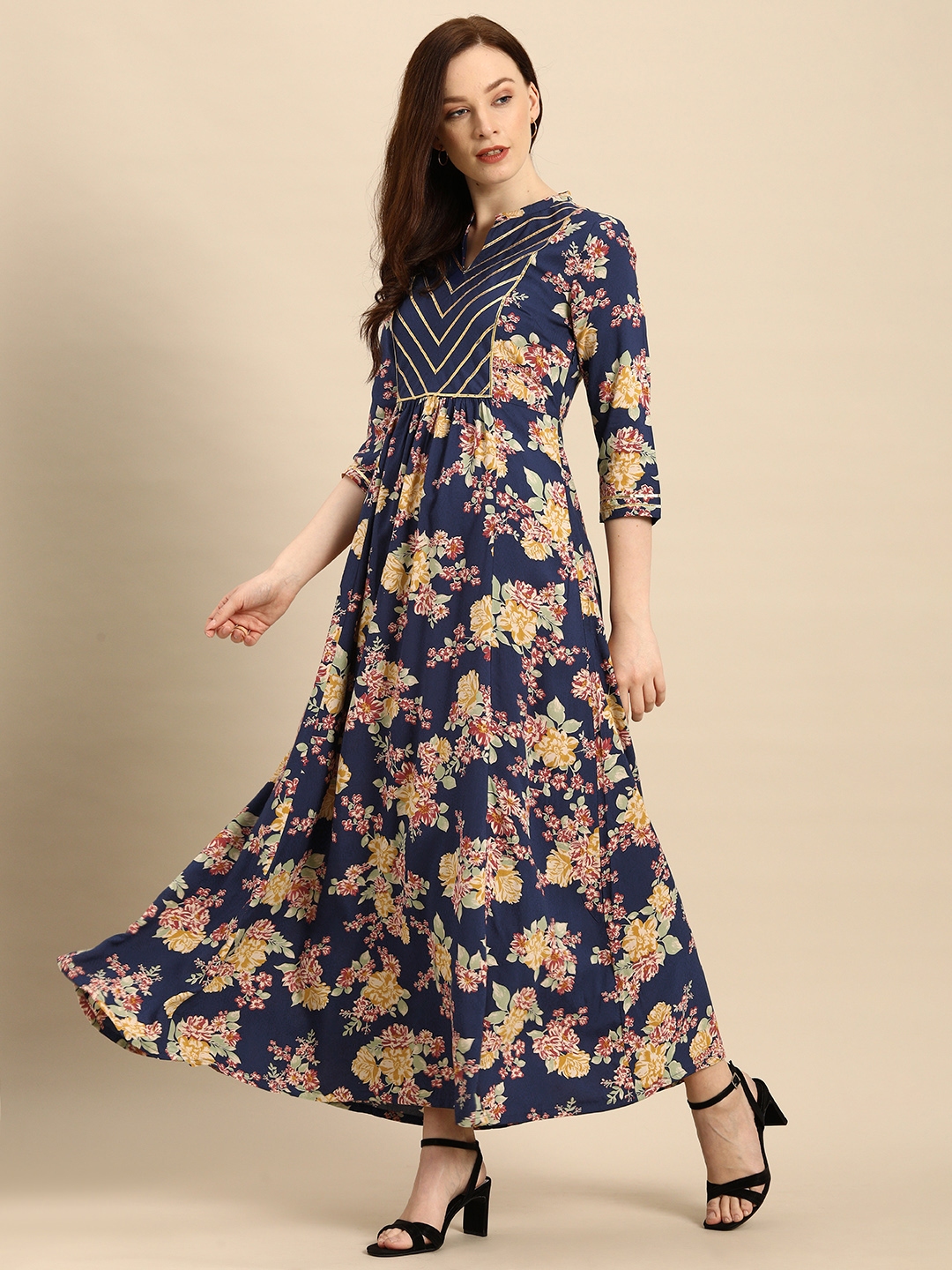 Buy All About You Blue Red Floral Printed Mandarin Collar Maxi