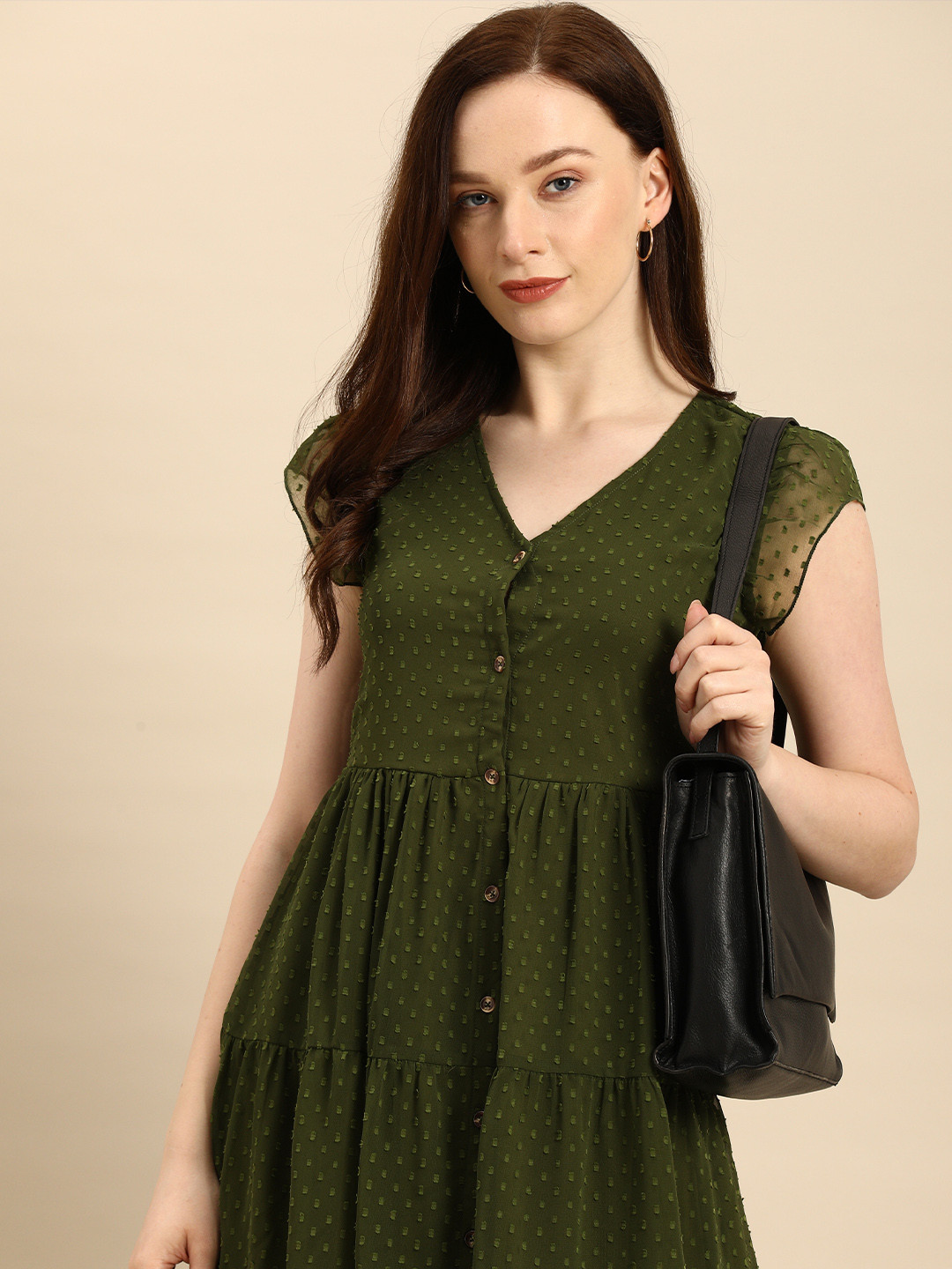 all about you Dark Olive Green Self Design V-Neck Tiered Dress