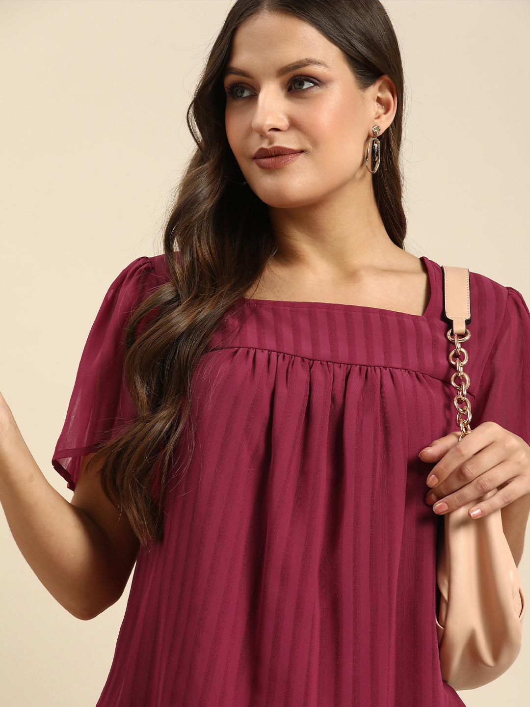all about you Mauve Striped And Pleated Squared Neck Casual Top