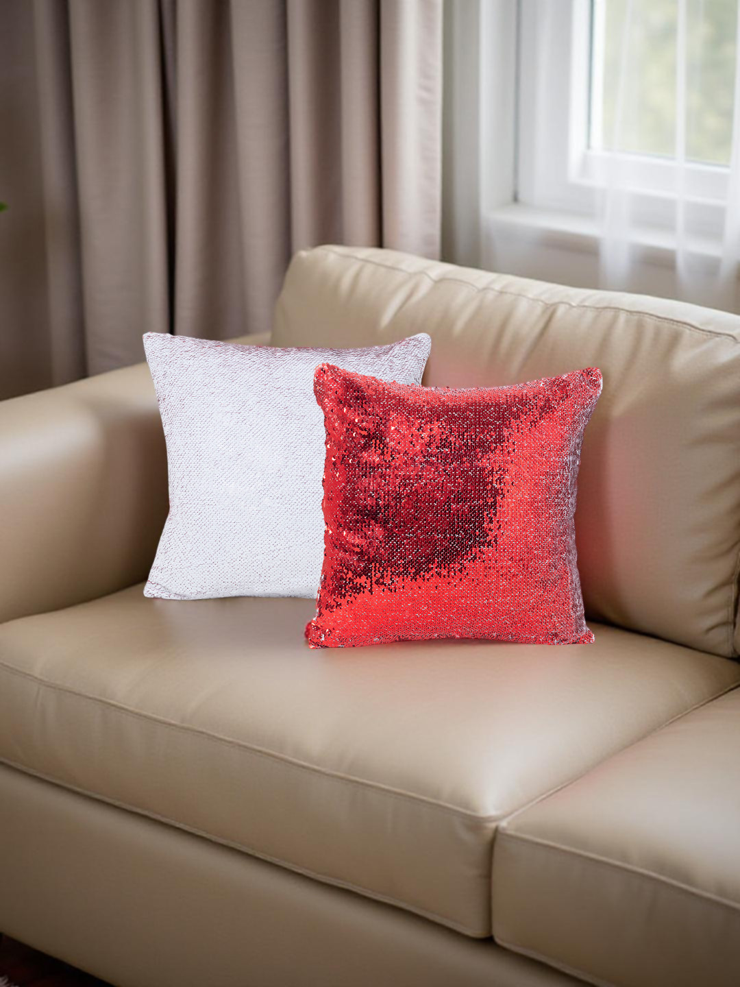 Golden Peacock Red & White Set of 2 Sequin Embellished Square Cushion Covers