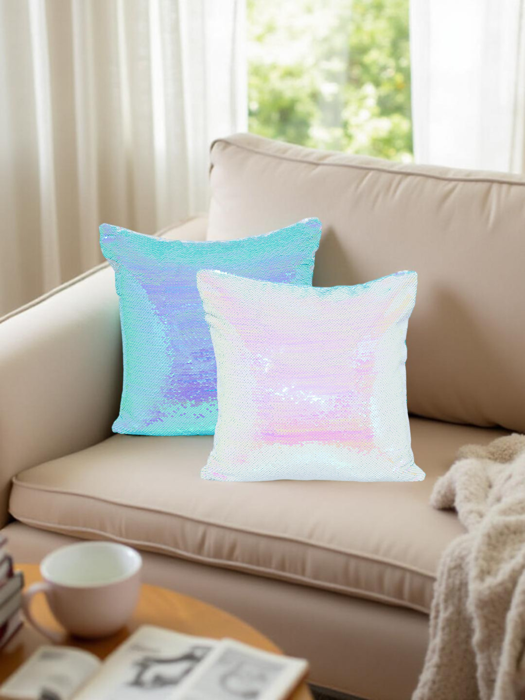 Golden Peacock Pink & Blue Set of 2 Embellished Square Cushion Covers