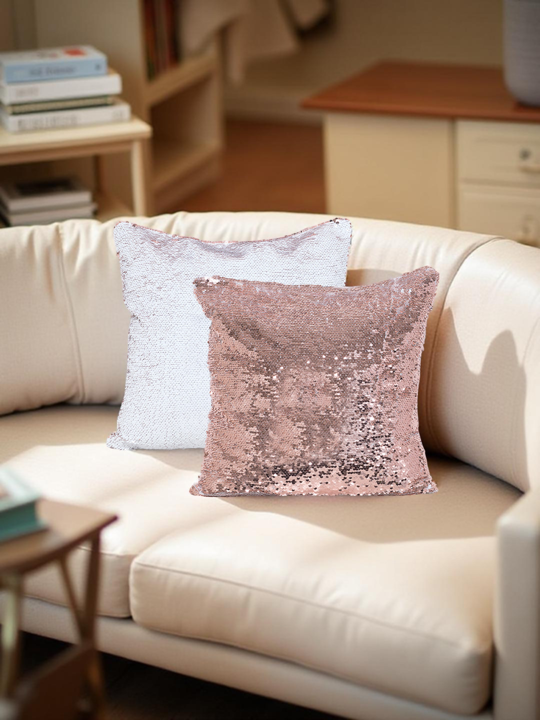 Golden Peacock Pink Other Washable 2 Piece Embellished Square Cushion Covers -16x16In