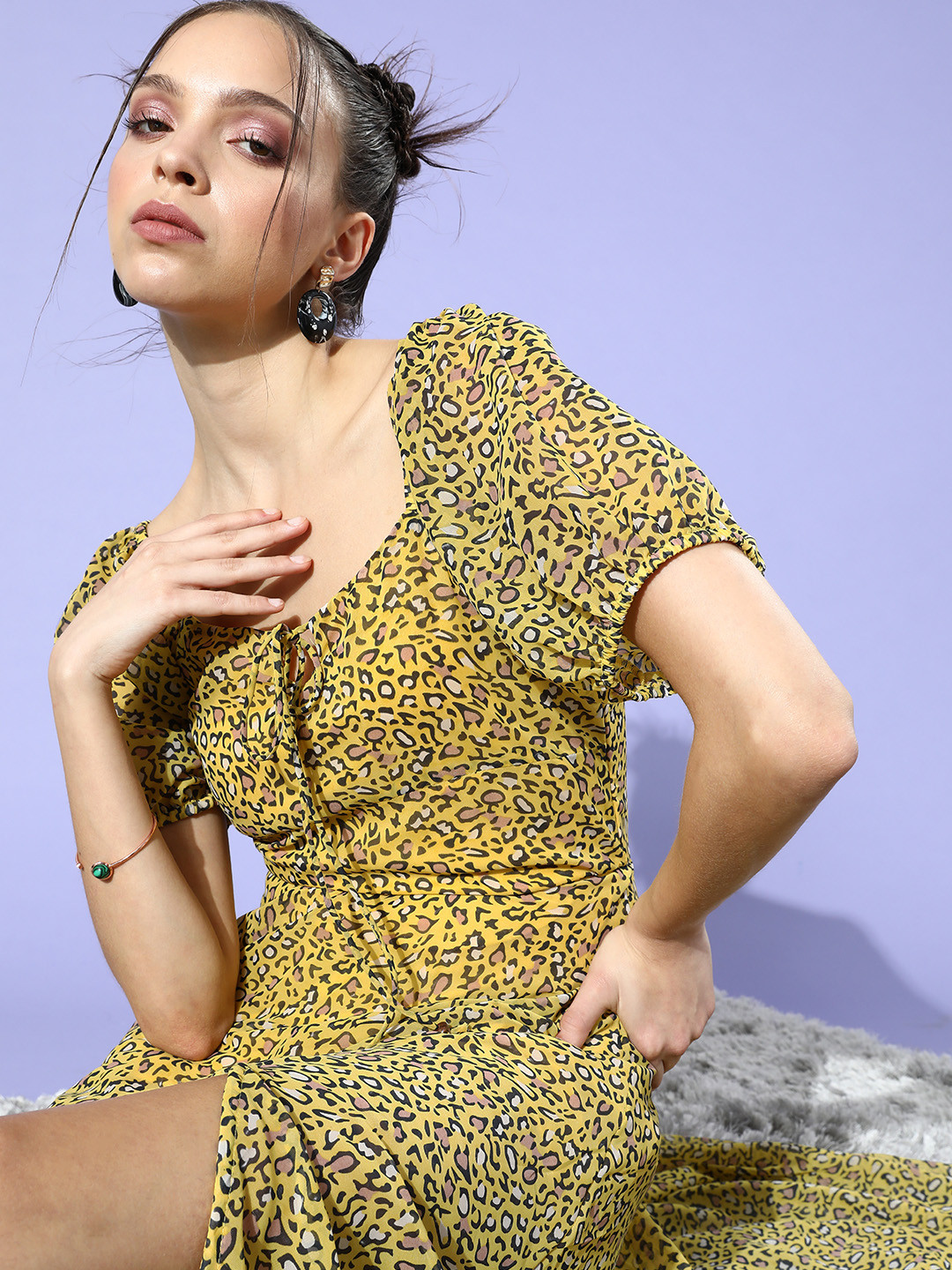 DODO & MOA Women Yellow Animal Puff Sleeves Dress