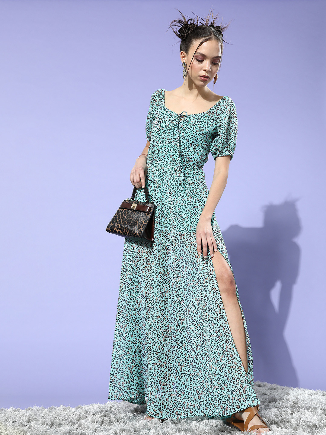 DODO & MOA Women Blue Animal Printed Puff Sleeves Dress