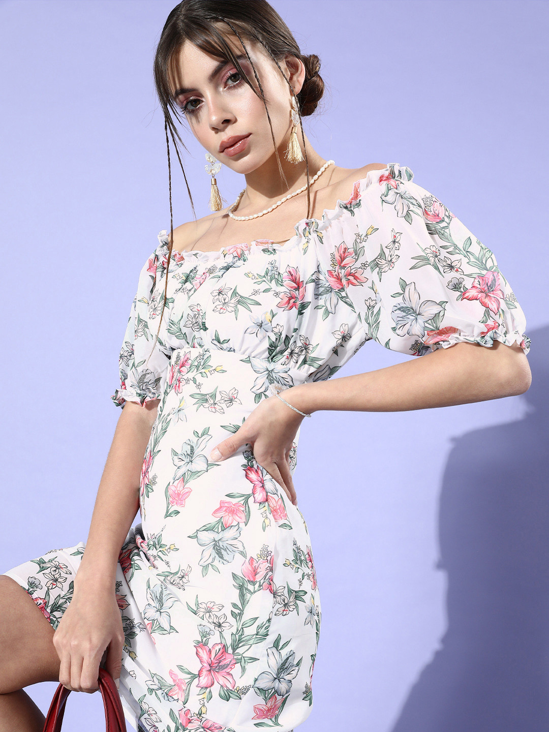 DODO & MOA Women Classic White Romantic Florals Dress