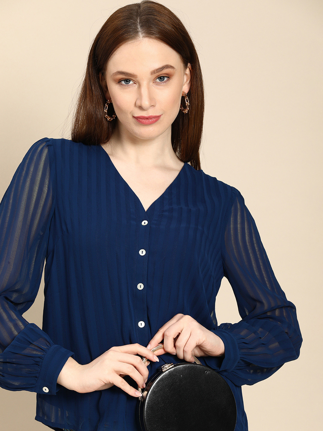 all about you Women Navy Blue Self Design Stripes V-Neck Casual Shirt