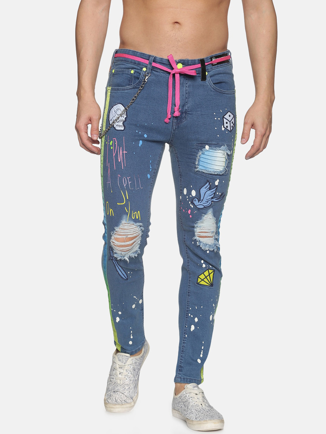 KULTPRIT Men Blue & Multi-coloured Graphic Printed Distressed Stretchable Jeans