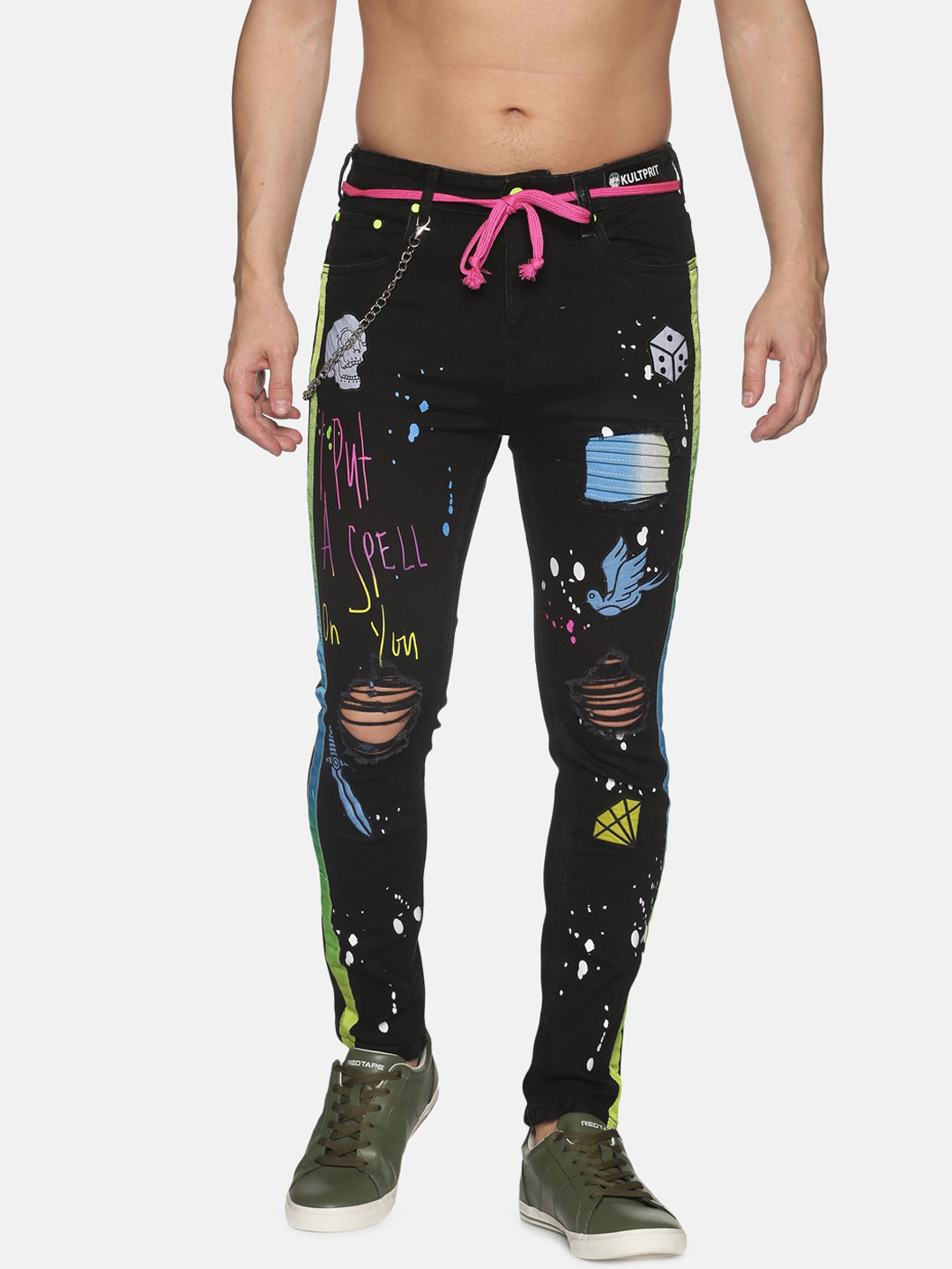 KULTPRIT Men Black Skinny Fit Distressed Stretch Jeans