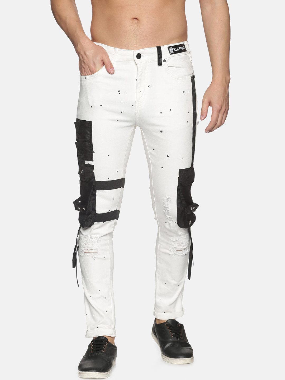 KULTPRIT Men White Slim Fit Distressed Jeans