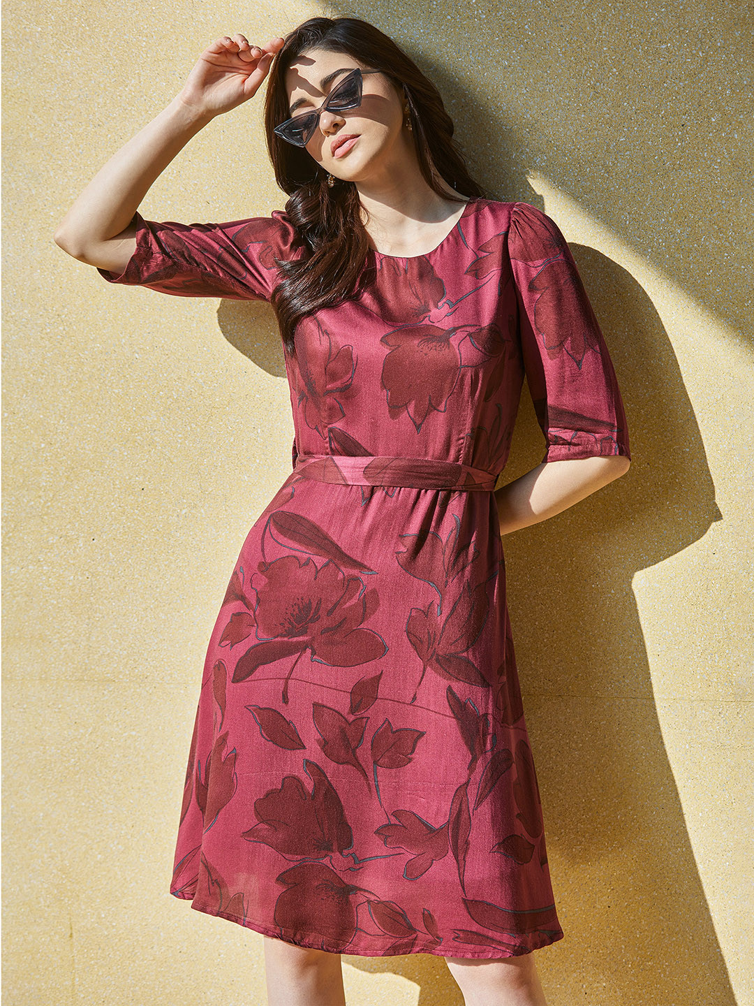 Crimsoune Club Maroon Floral A-Line Dress