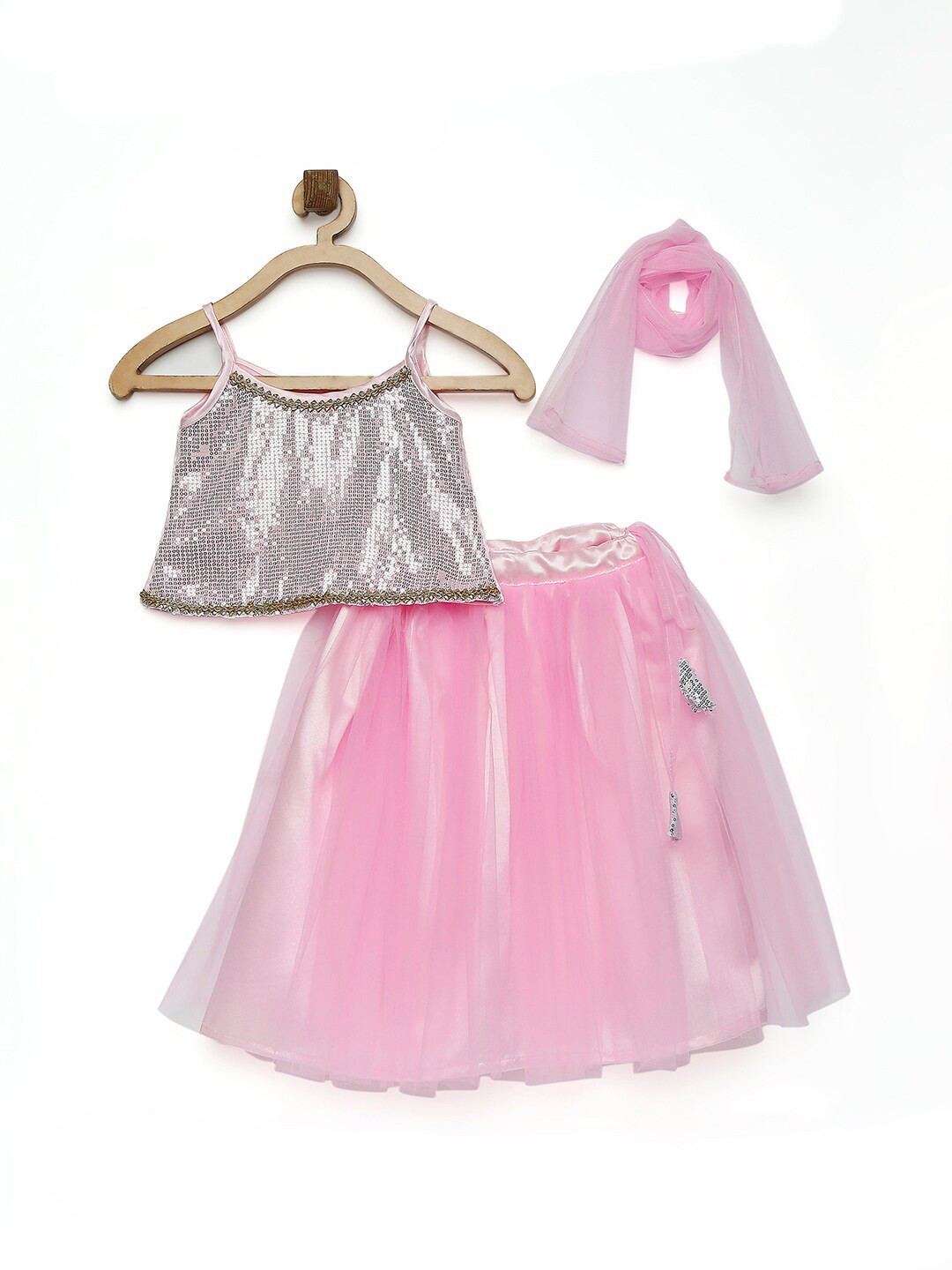 MANY FROCKS & Girls Pink & Silver-Toned Ready to Wear Lehenga Blouse With Dupatta