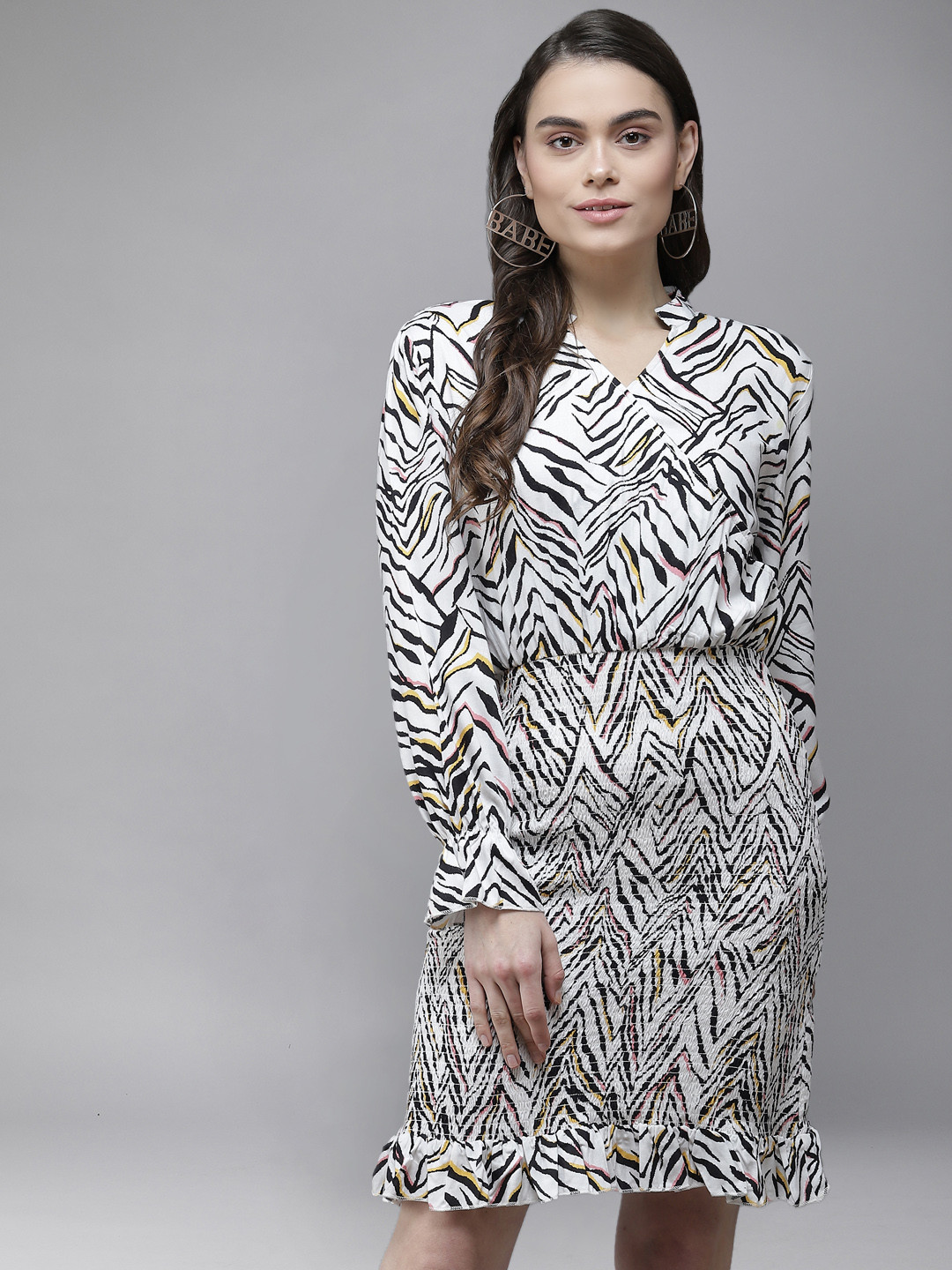 The Dry State Women White & Black Animal Print Blouson Dress
