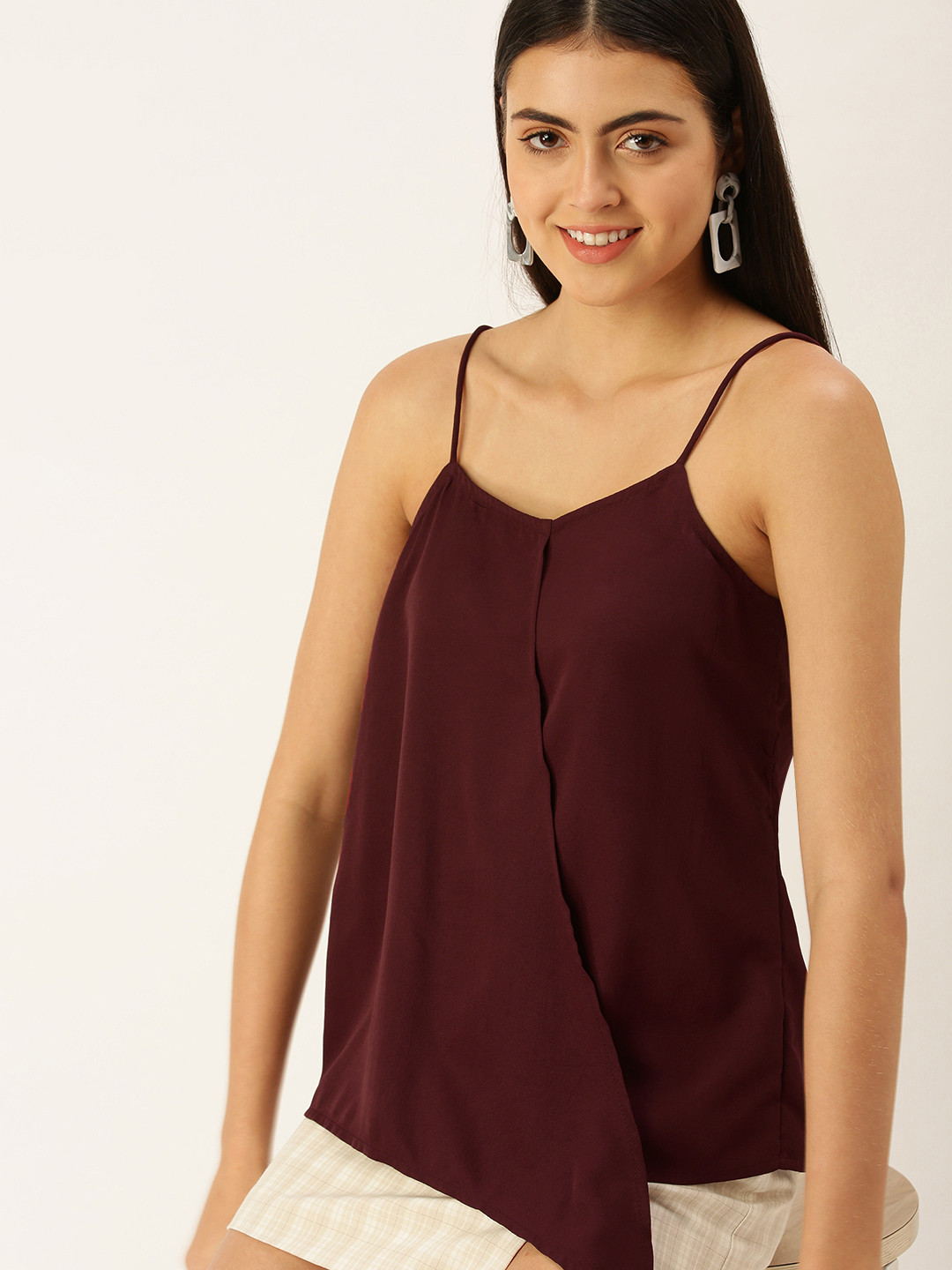 FOREVER 21 Maroon Layered Detail Shoulder Strap Top