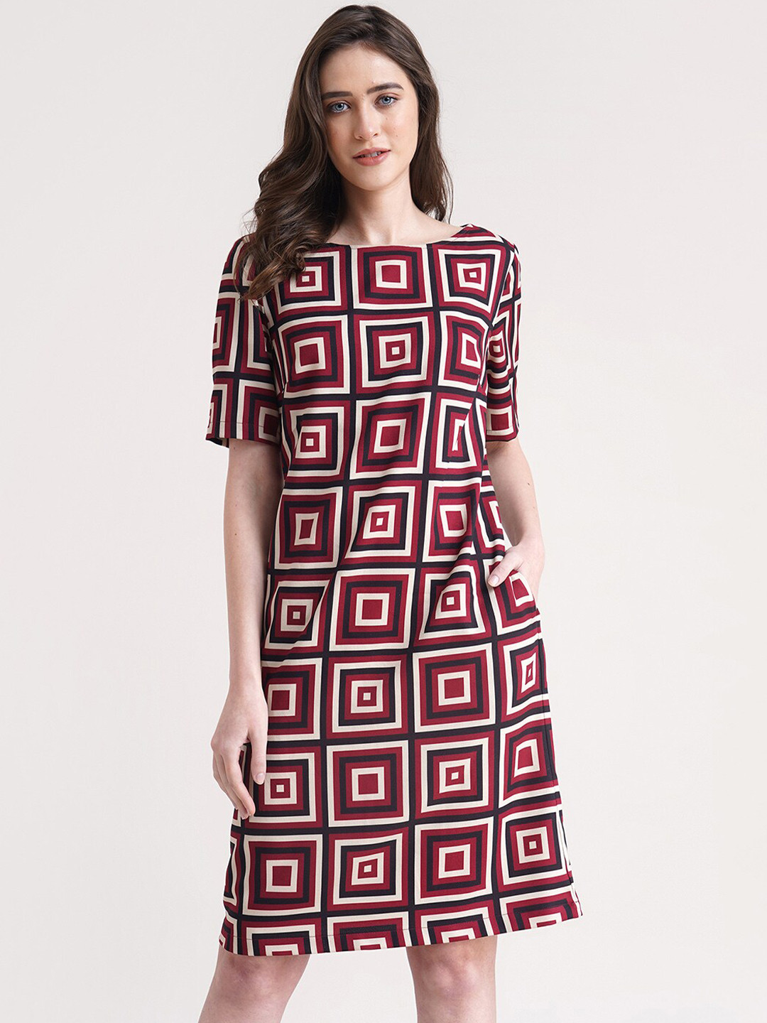 FableStreet Maroon & White Geometric Printed A-Line Dress