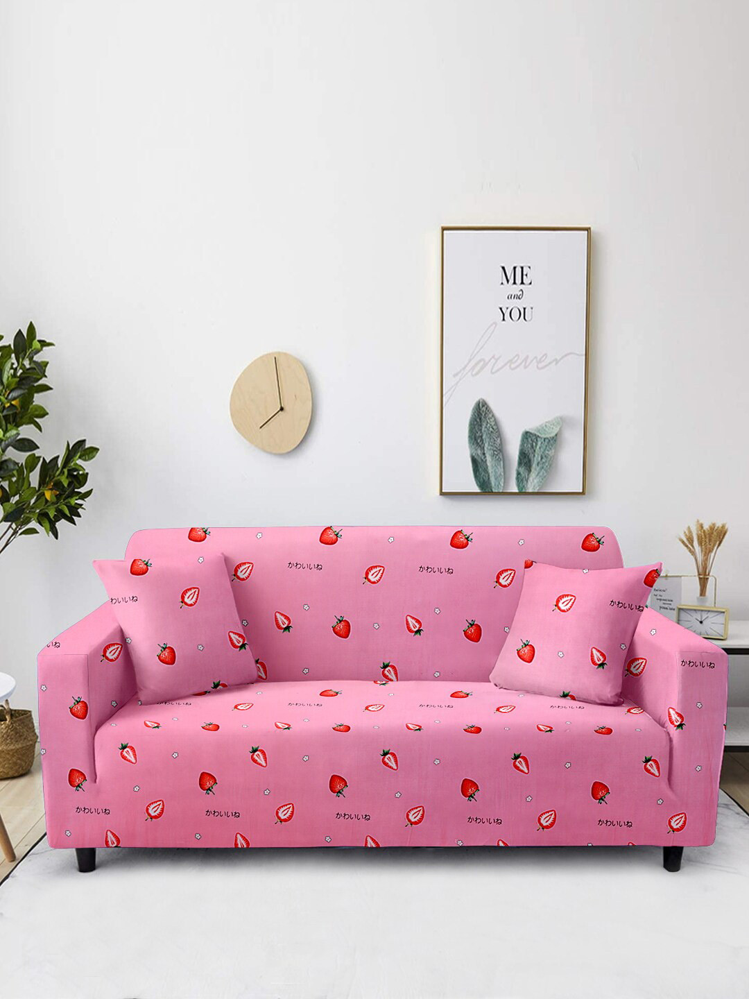 Cortina Pink Printed 3-Seater Stretchable Non-Slip Sofa Slipcover