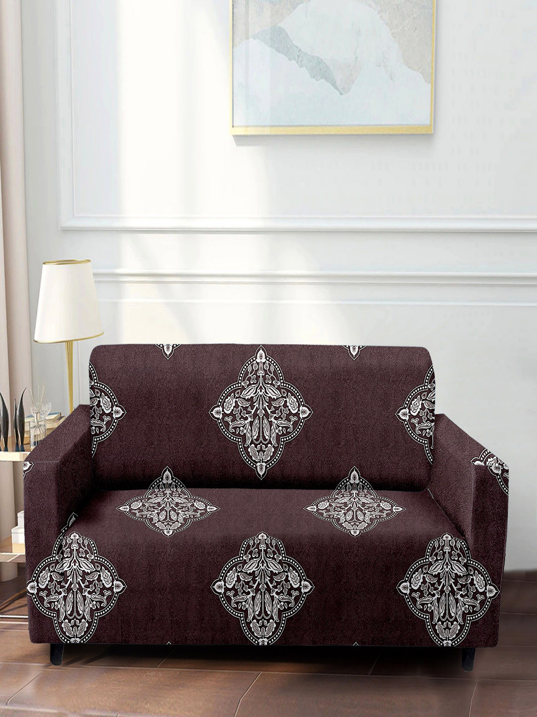 Cortina Burgundy Printed 2-Seater Stretchable Non-Slip Sofa Slipcover