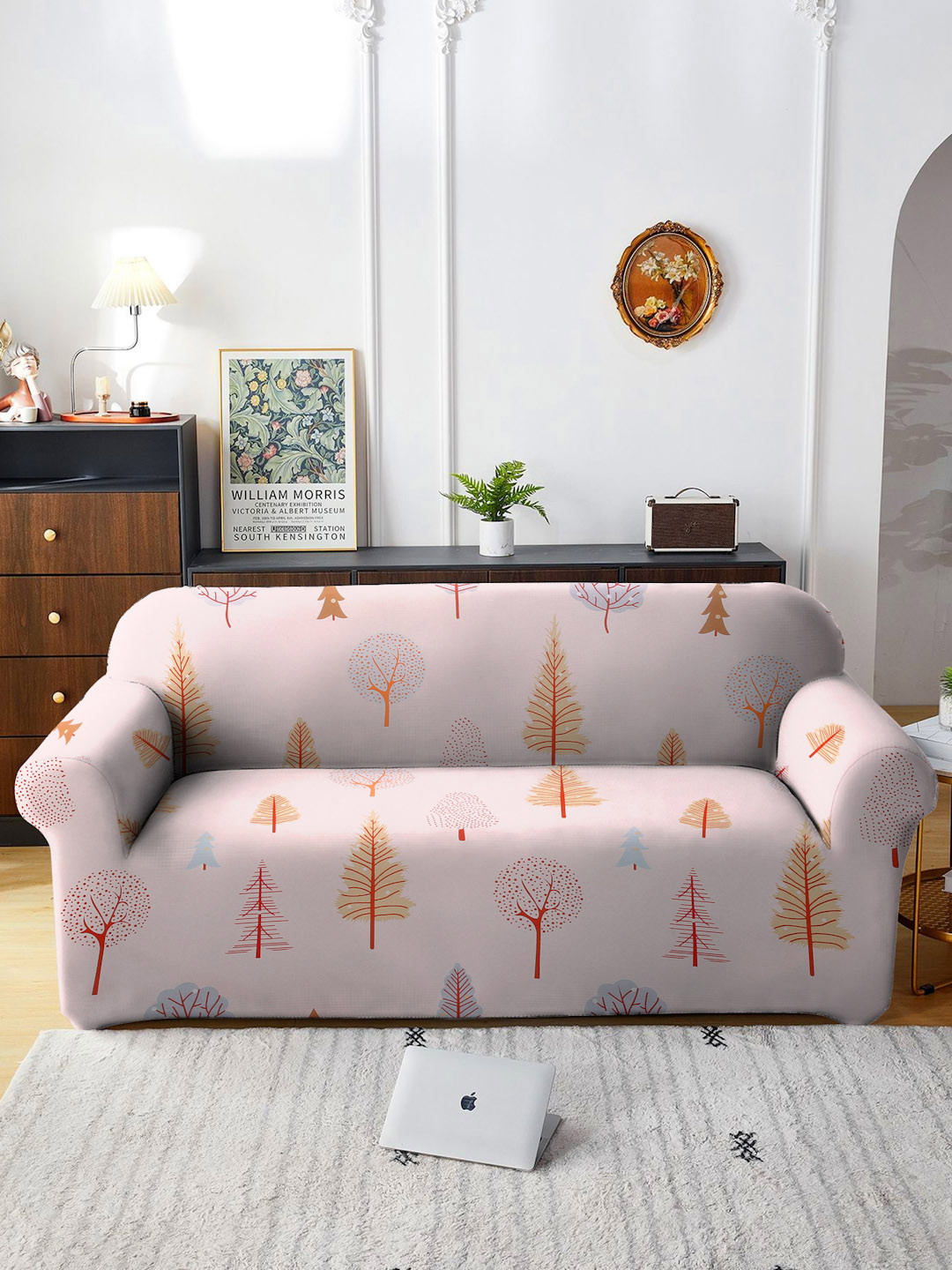 Cortina Beige Printed Three Seater Stretchable Non-Slip Sofa Cover