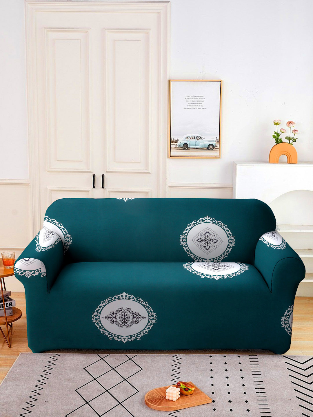 Cortina Bottle green Printed 2-Seater Stretchable Non-Slip Sofa Slipcover