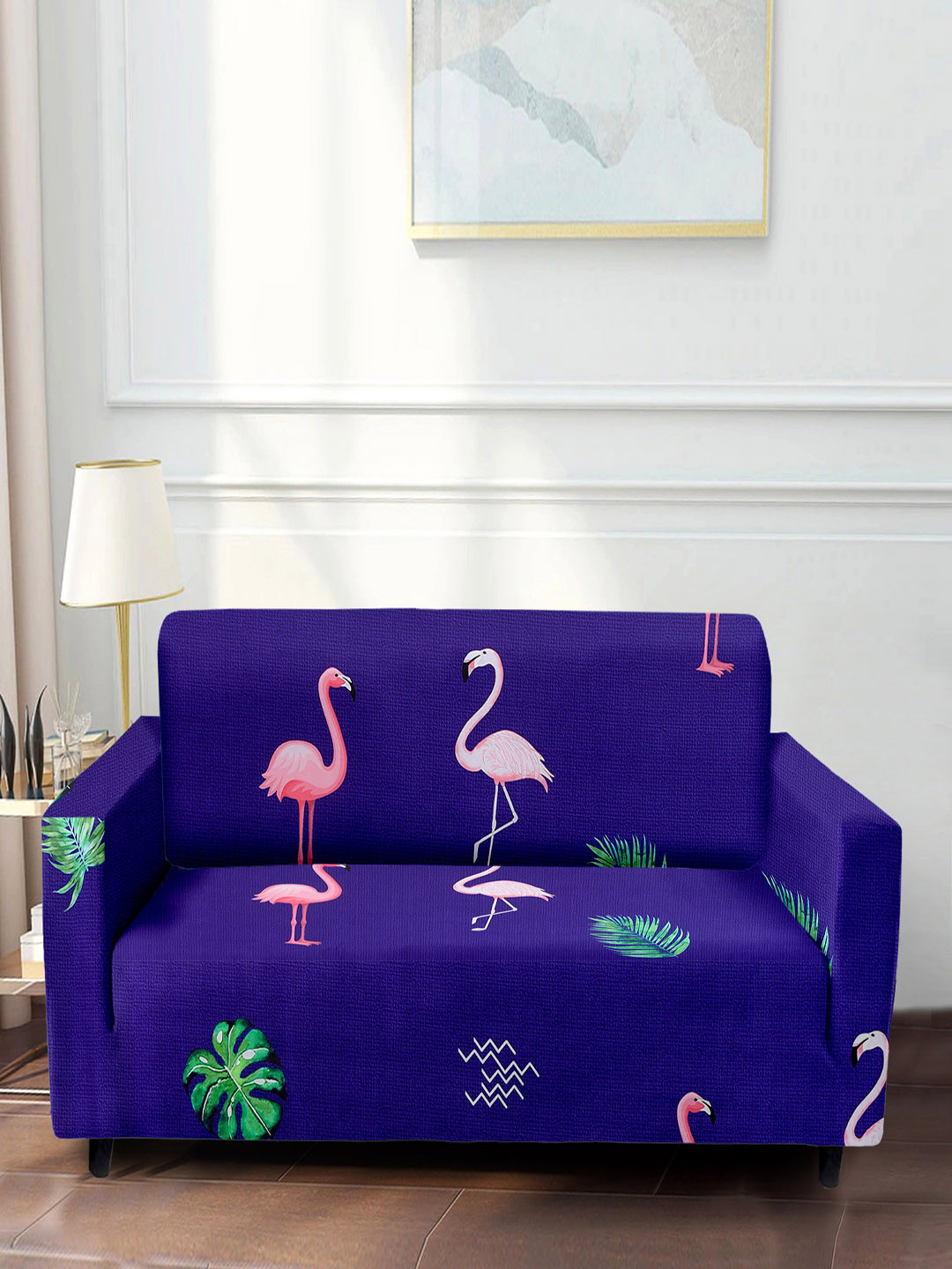 Cortina Blue & Pink Flamingo Printed 3 Seater Stretchable Non-Slip Sofa Cover