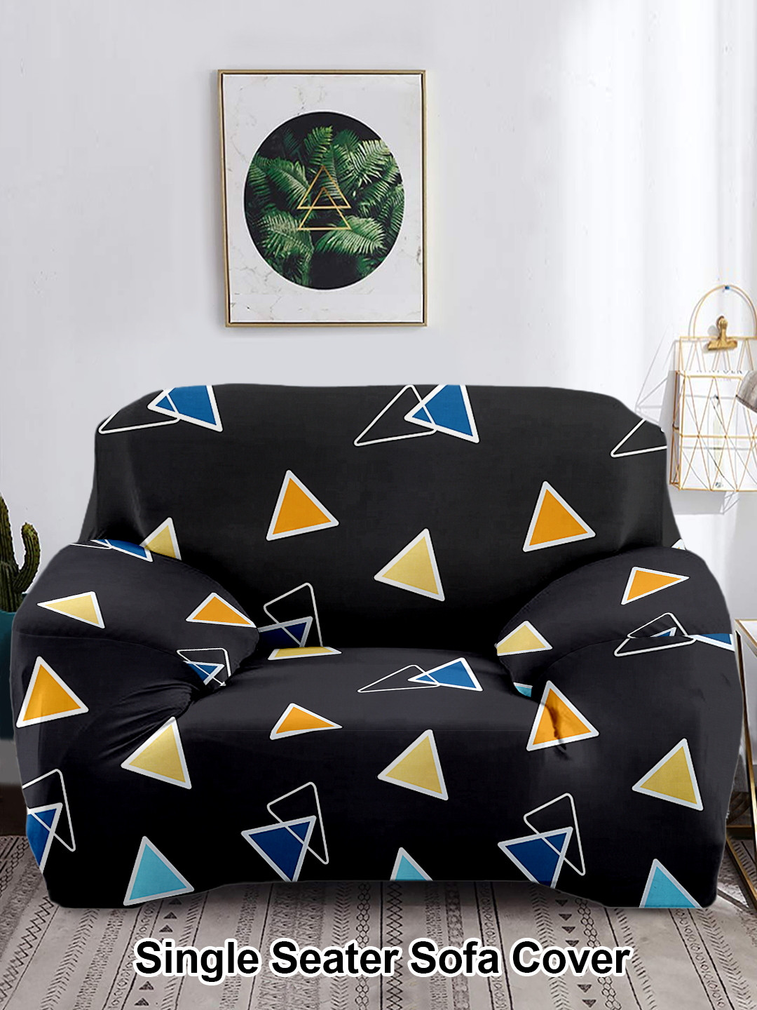 Cortina Black Printed Polyester 1 Seater Stretchable Non-Slip Sofa Cover