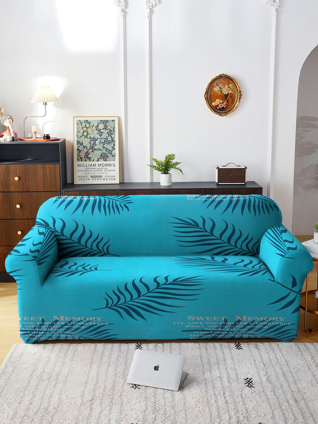 Cortina Turquoise Blue Printed 3-Seater Super-Stretchable Non-Slip Sofa Slipcover